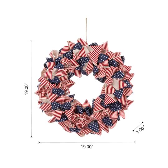 Glitzhome® 18.9" Fabric Stripes & Stars Wreath